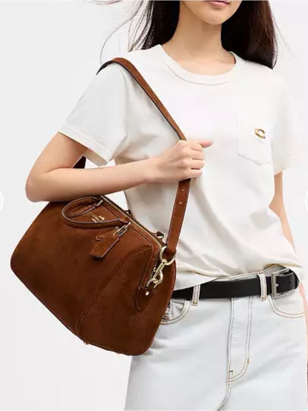 NWT🍯Coach Rowan Large Satchel Bag Suede Warm Brown CET42 Classic Crossbody - Picture 9 of 11